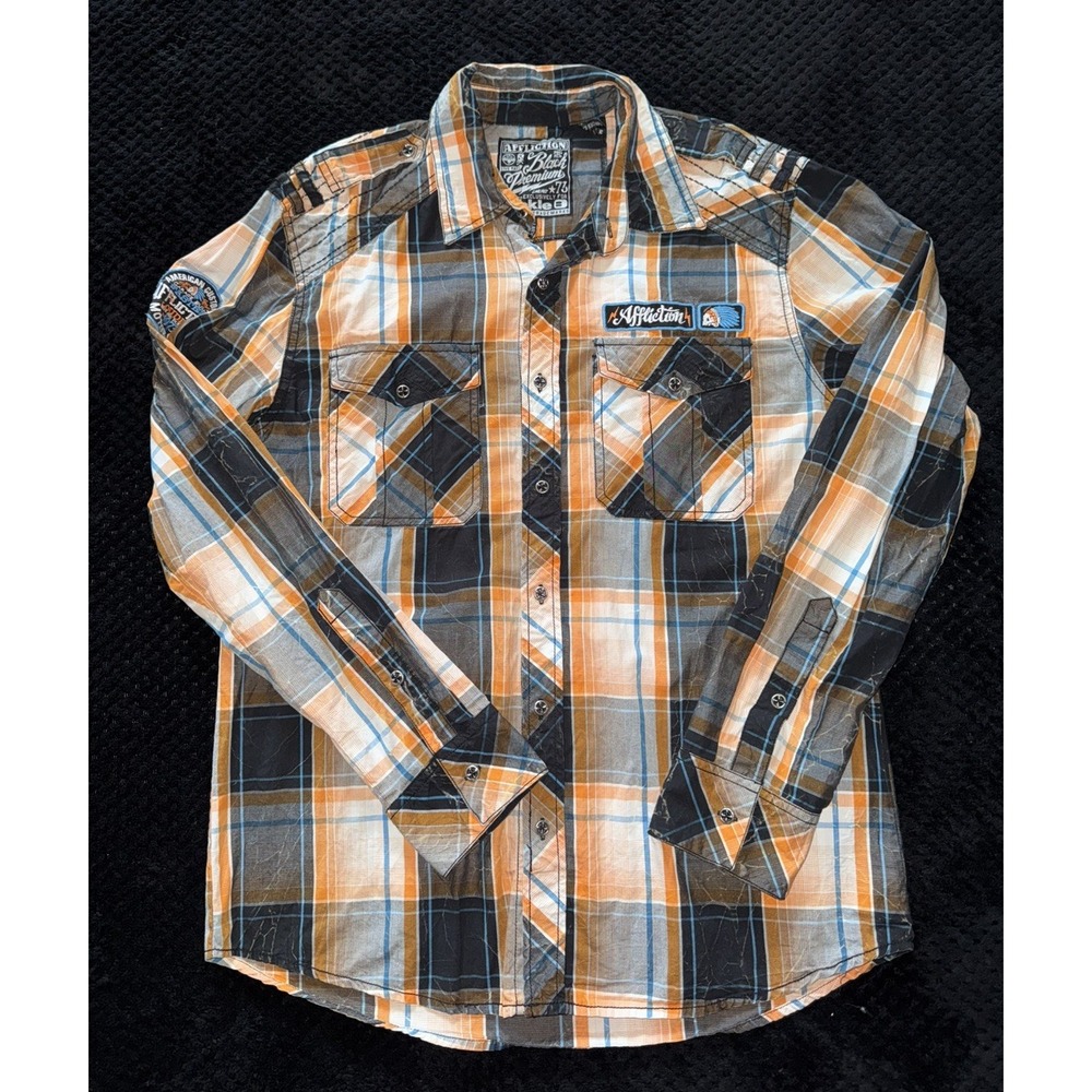 Affliction Mens Yellow Premium Plaid Button Up Y2K Shirt Slim Size XLarge